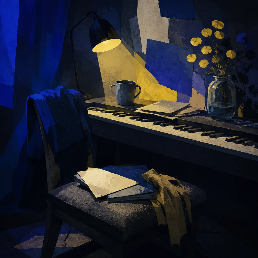 A quiet creative workspace rendered in deep blue and yellow