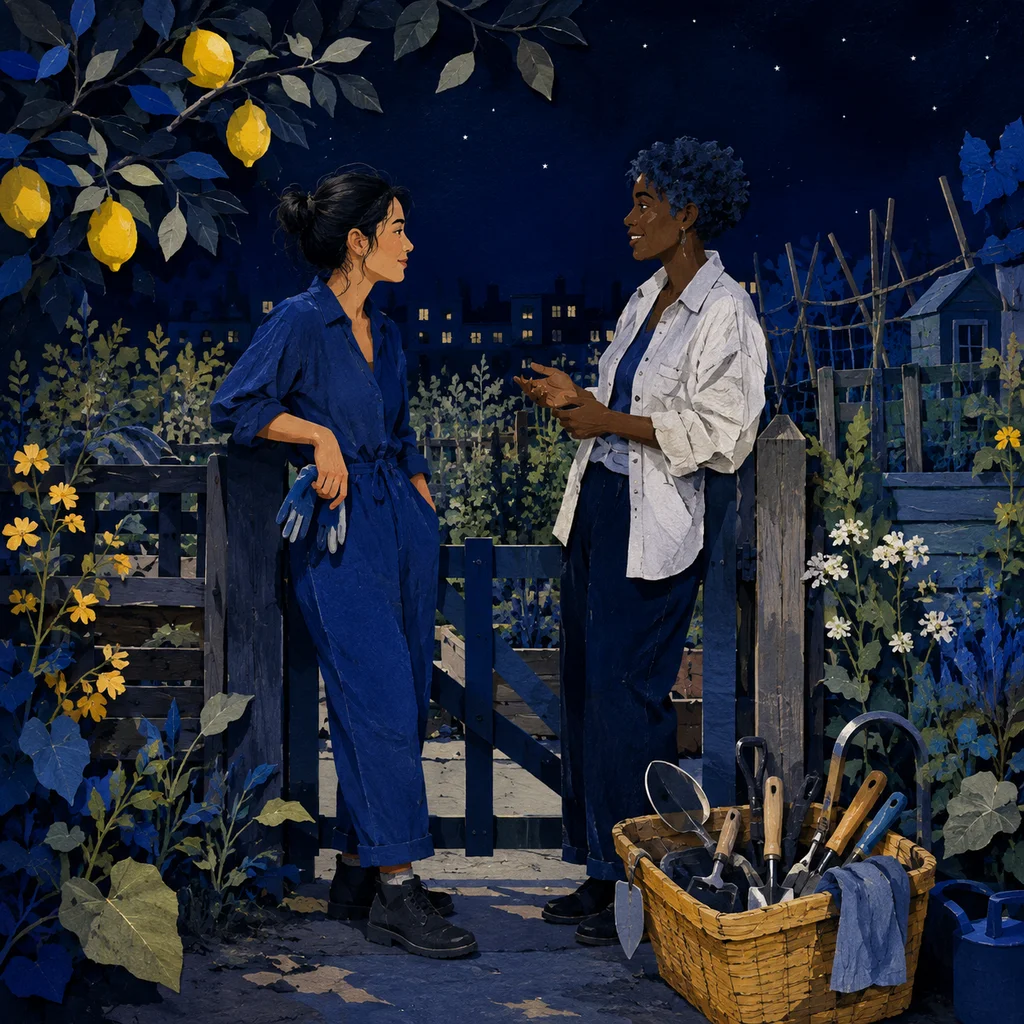 A conversation beside a community garden gate